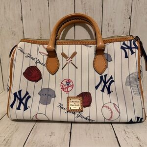 Dooney & Bourke White Pinstripe Yankees Satchel with Tan Trim - Vintage -